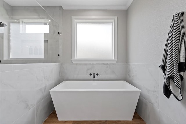 bathroom featuring a bathing tub, tile walls, and a healthy amount of sunlight