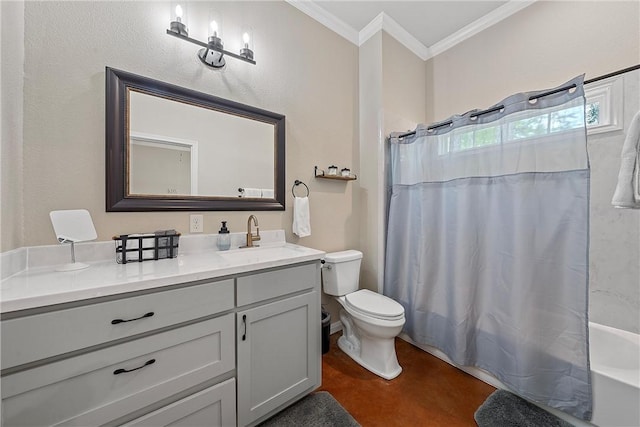 full bathroom featuring toilet, vanity, shower / tub combo with curtain, and ornamental molding