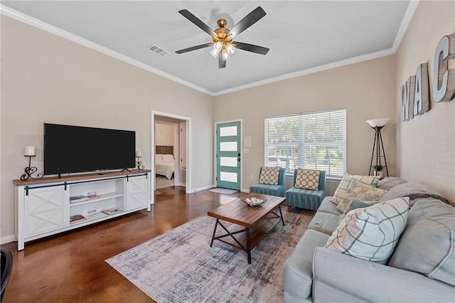 living room with ceiling fan and ornamental molding