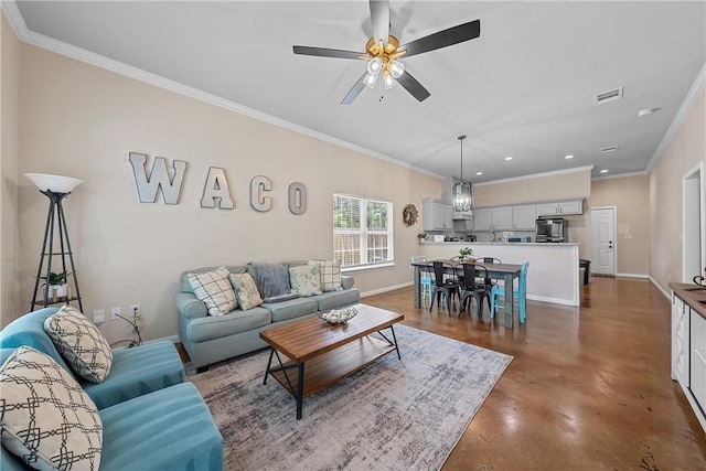 living room with crown molding, ceiling fan, and concrete floors