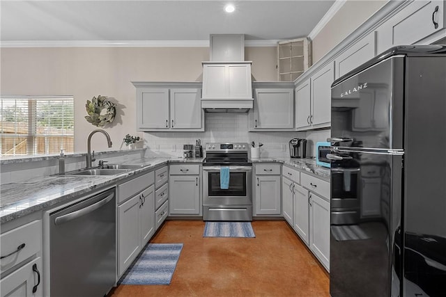 kitchen featuring gray cabinets, sink, light stone countertops, and stainless steel appliances