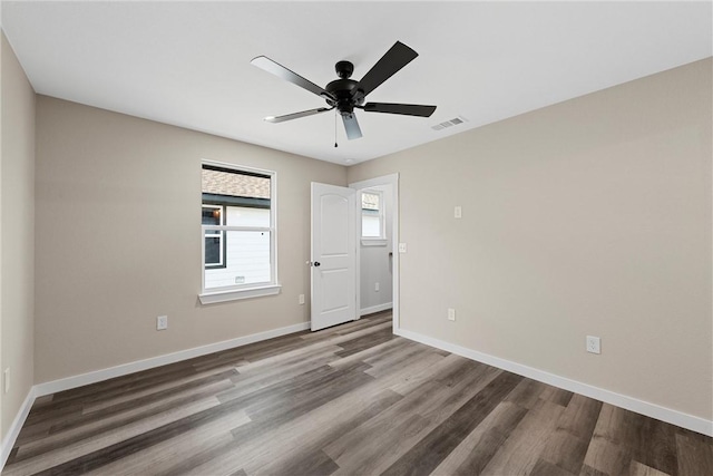 unfurnished bedroom featuring ceiling fan and hardwood / wood-style floors