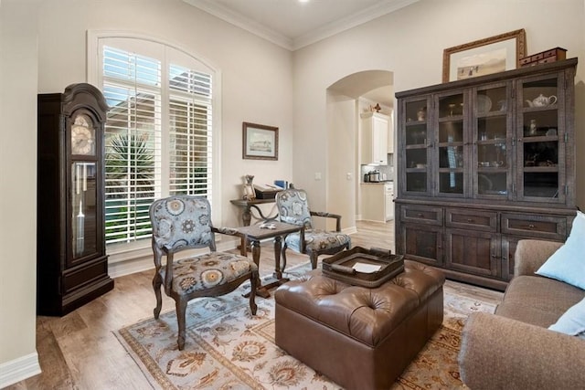 living area with hardwood / wood-style floors and ornamental molding