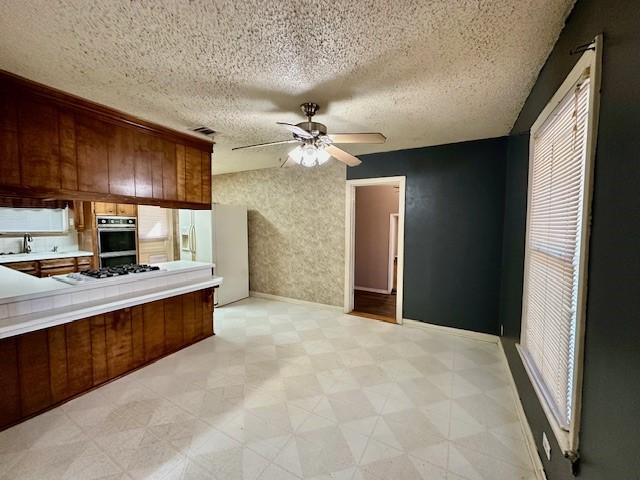 kitchen with ceiling fan, a textured ceiling, and appliances with stainless steel finishes