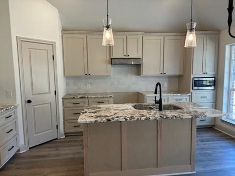 kitchen with an island with sink, a sink, dark wood-type flooring, under cabinet range hood, and stainless steel microwave