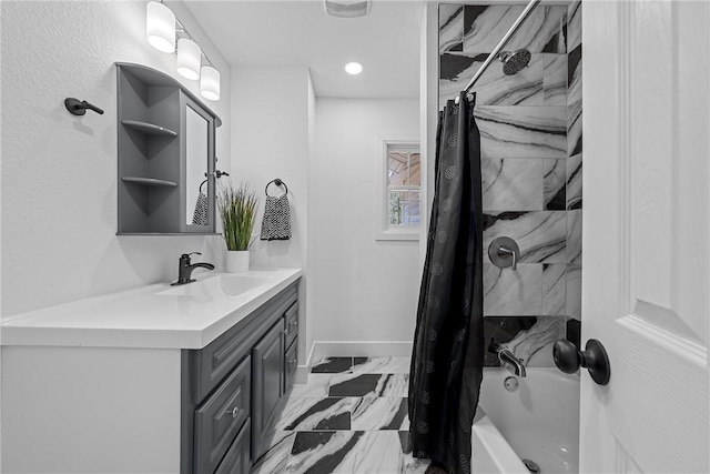 bathroom with vanity and shower / bathtub combination with curtain