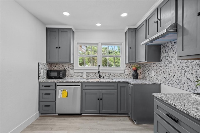 kitchen with gray cabinetry, dishwasher, and sink