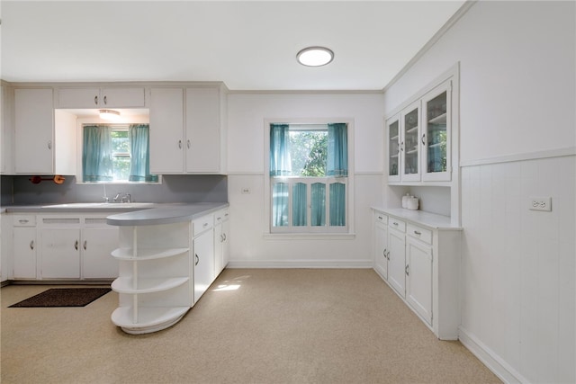 kitchen featuring light colored carpet, white cabinetry, and sink