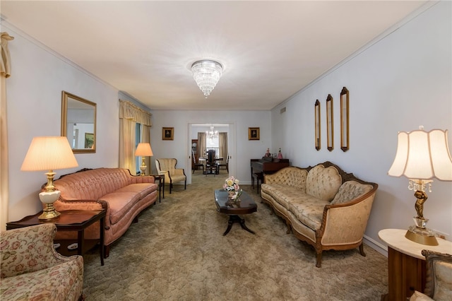 carpeted living room featuring ornamental molding