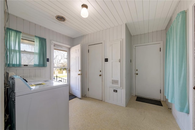 washroom with washer / dryer, wooden ceiling, and wood walls