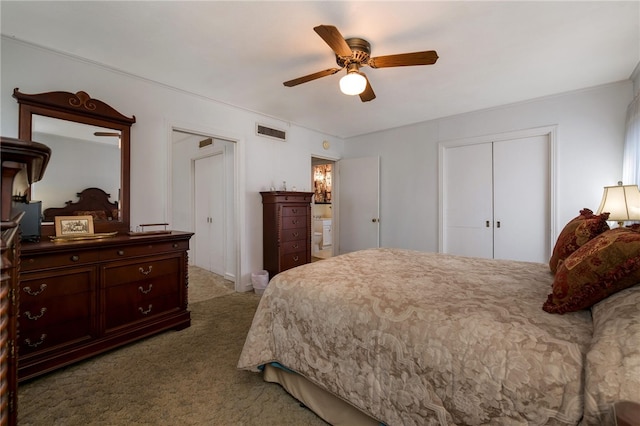 carpeted bedroom with ceiling fan