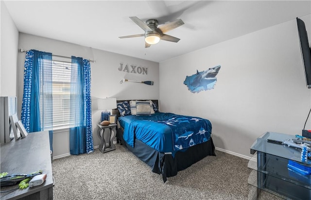 carpeted bedroom with ceiling fan