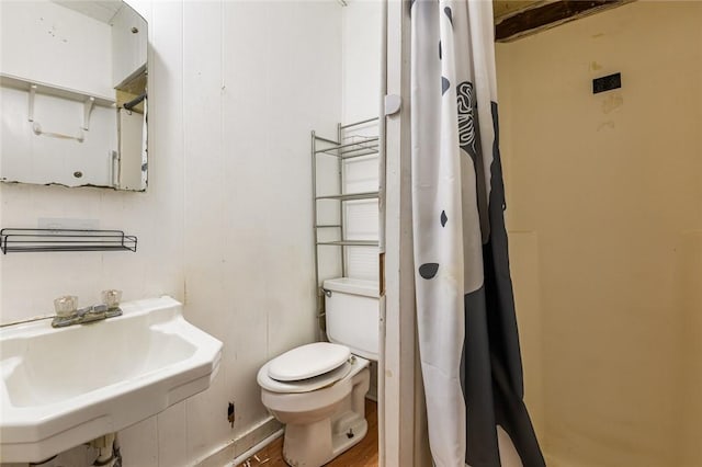 bathroom with hardwood / wood-style flooring, toilet, and sink