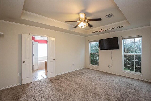 unfurnished bedroom with a raised ceiling and multiple windows