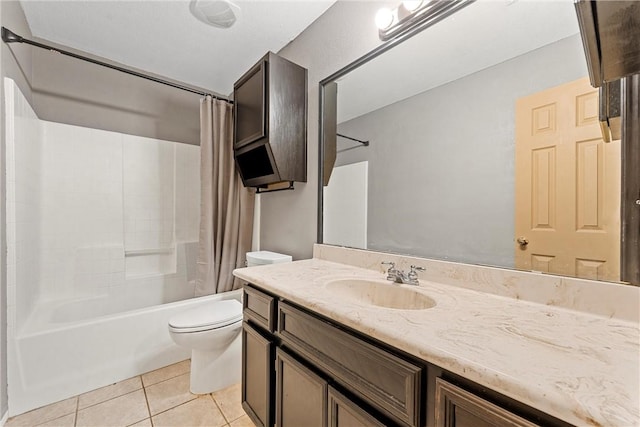 full bathroom with tile patterned flooring, vanity, toilet, and shower / bathtub combination with curtain