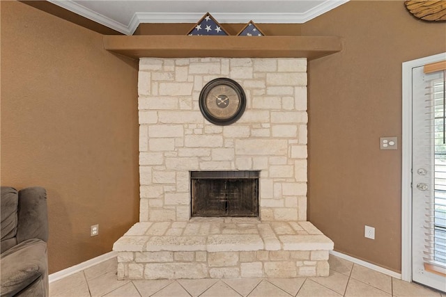 details featuring a stone fireplace and crown molding