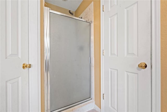 bathroom with a shower with shower door