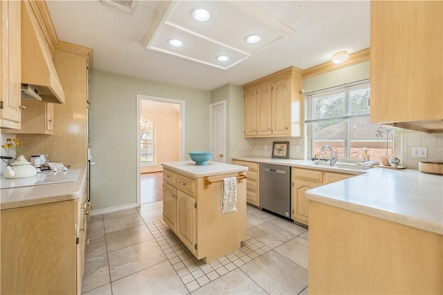 kitchen featuring premium range hood, a kitchen island, dishwasher, white electric stovetop, and light brown cabinets