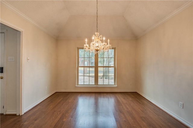 unfurnished dining area featuring lofted ceiling, dark wood-type flooring, and a chandelier