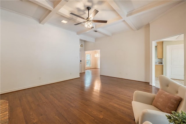 unfurnished living room with beam ceiling, ceiling fan, coffered ceiling, and dark hardwood / wood-style flooring