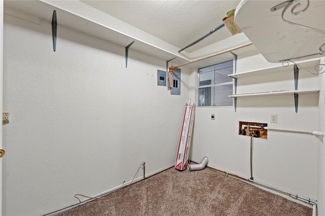 basement with electric panel, carpet floors, and a textured ceiling