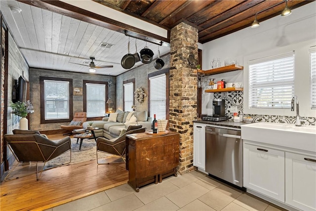 kitchen featuring dishwasher, ceiling fan, white cabinetry, and wooden ceiling