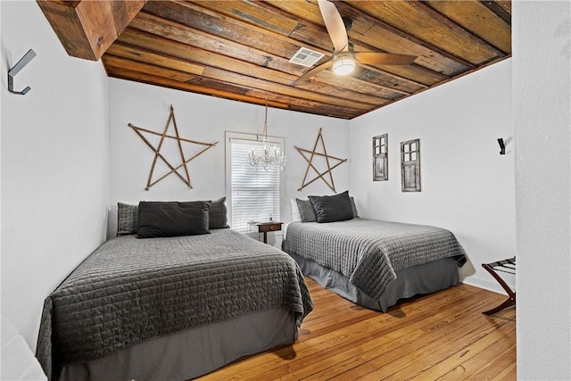 bedroom featuring hardwood / wood-style flooring, ceiling fan with notable chandelier, and wood ceiling