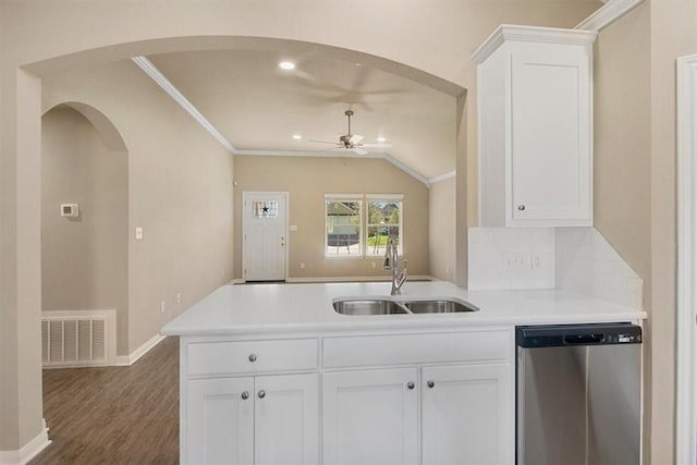 kitchen featuring white cabinets, ceiling fan, sink, dishwasher, and dark hardwood / wood-style floors