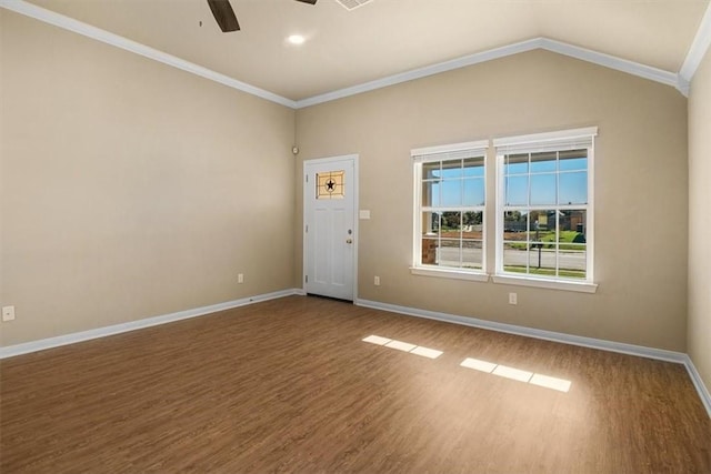 unfurnished room with hardwood / wood-style floors, ceiling fan, lofted ceiling, and crown molding