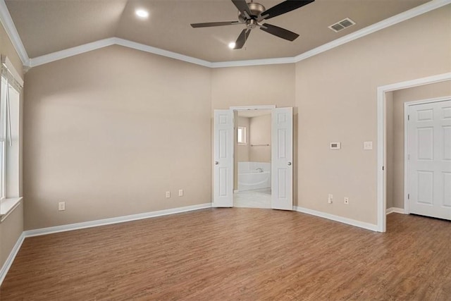 unfurnished bedroom featuring hardwood / wood-style floors, ceiling fan, and ornamental molding