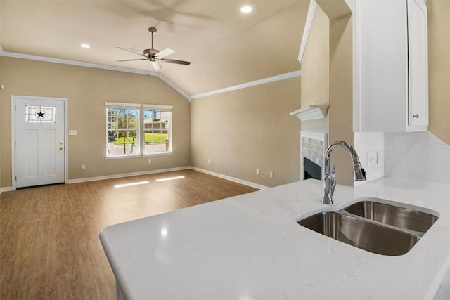 kitchen featuring hardwood / wood-style floors, crown molding, lofted ceiling, and sink