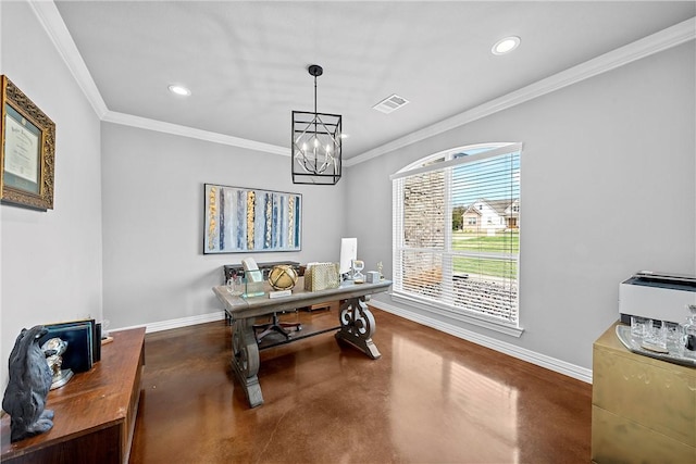 office space featuring a chandelier, ornamental molding, and concrete floors