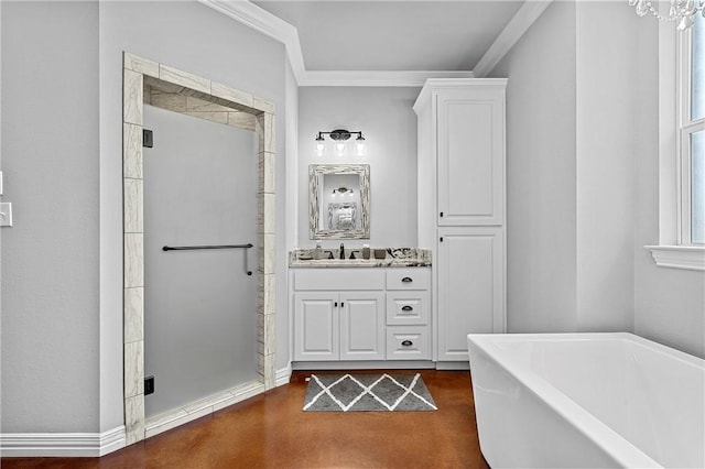 bathroom with vanity, a healthy amount of sunlight, crown molding, and independent shower and bath