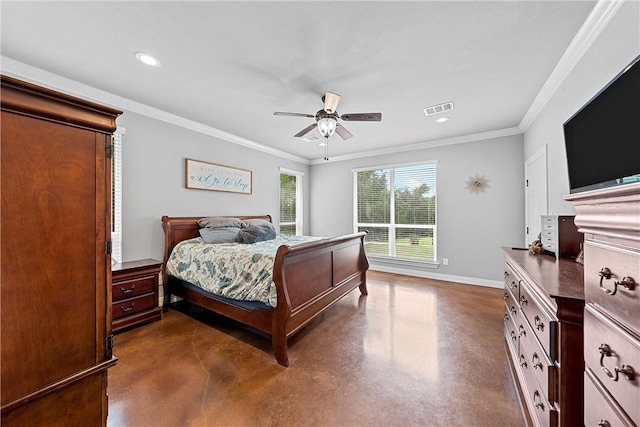 bedroom with ceiling fan and ornamental molding