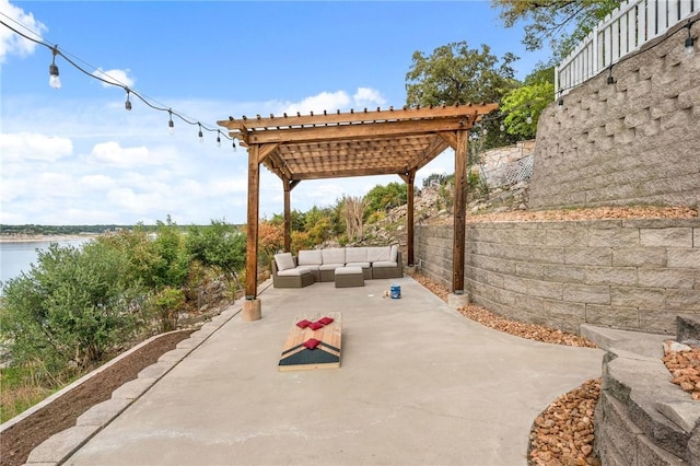 view of patio with an outdoor hangout area, a water view, and a pergola