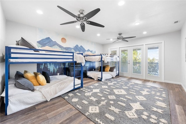 bedroom featuring hardwood / wood-style floors, ceiling fan, access to exterior, and french doors