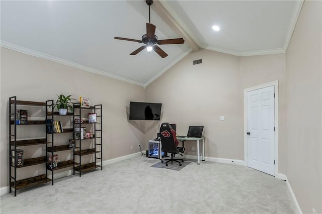 carpeted office space with beamed ceiling, ceiling fan, ornamental molding, and high vaulted ceiling