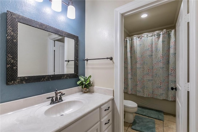 full bathroom with shower / bathtub combination with curtain, tile patterned floors, crown molding, toilet, and vanity