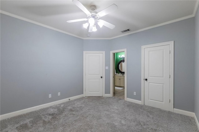 unfurnished bedroom with light carpet, ceiling fan, and ornamental molding