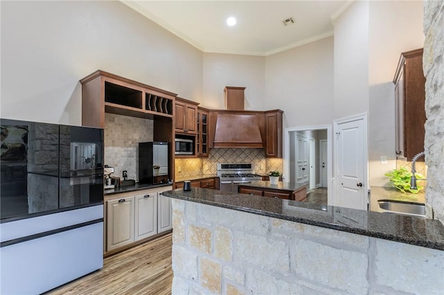 kitchen with decorative backsplash, appliances with stainless steel finishes, a towering ceiling, premium range hood, and dark stone countertops