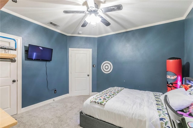 bedroom with carpet floors, ceiling fan, and ornamental molding