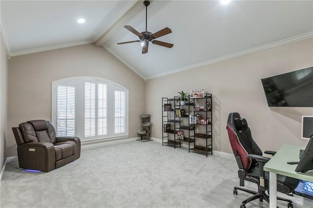 carpeted office space featuring vaulted ceiling with beams, ceiling fan, and ornamental molding