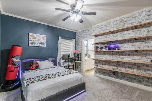 bedroom with carpet, ceiling fan, crown molding, and ensuite bathroom