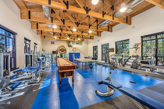 gym with wooden ceiling and high vaulted ceiling