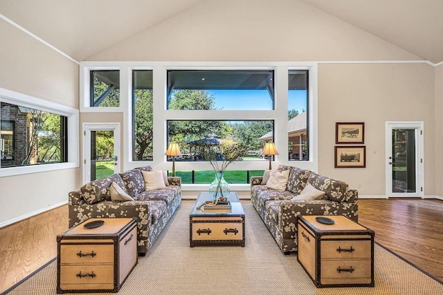 living room with high vaulted ceiling and light hardwood / wood-style flooring