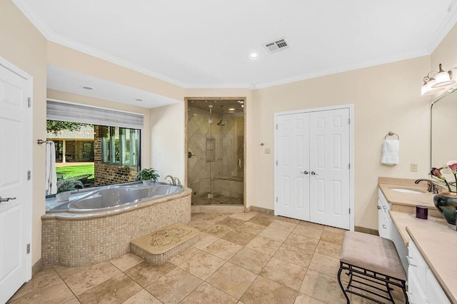 bathroom featuring vanity, crown molding, and plus walk in shower