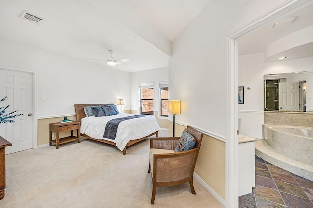 bedroom with ceiling fan and carpet