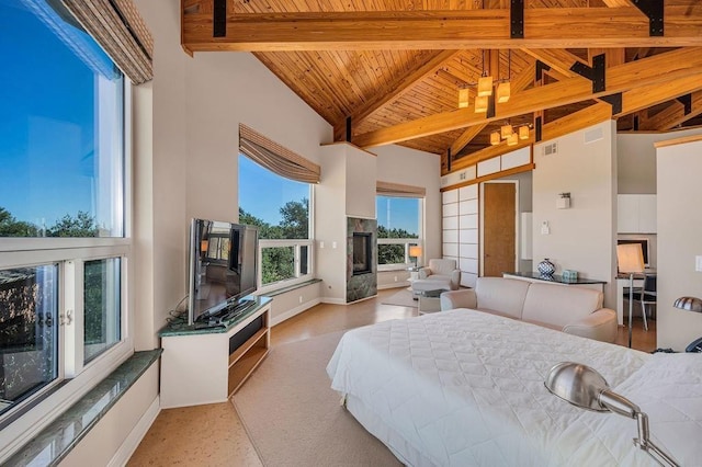 bedroom featuring beam ceiling, wooden ceiling, and high vaulted ceiling