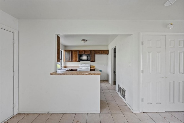 kitchen featuring kitchen peninsula, white stove, and sink