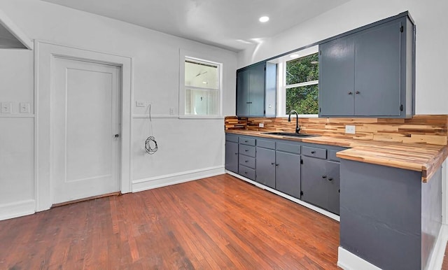 kitchen with wooden counters, backsplash, dark wood-type flooring, and sink